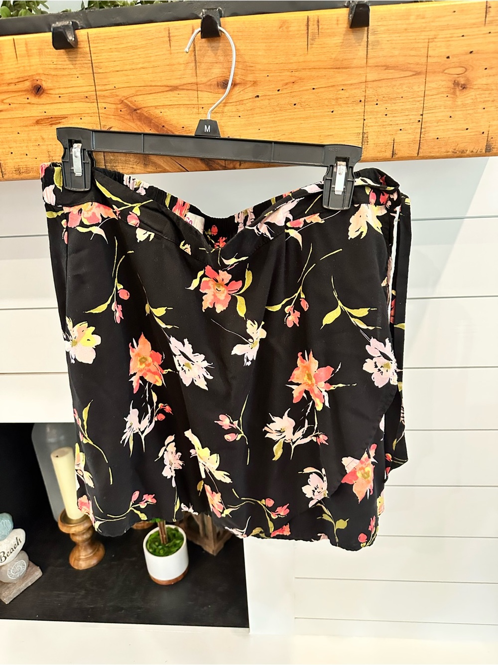Black Floral Wrap Short Skirt with Pink & Yellow Blossoms
